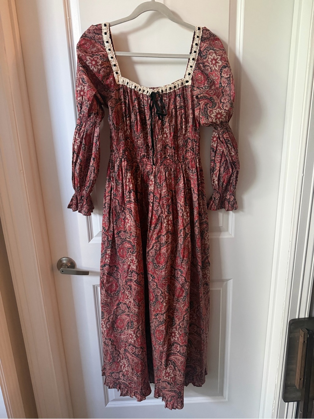 Christy Dawn Burgundy Paisley Midi Dress with Square Neck